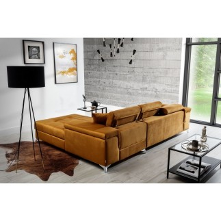 Canapé d'angle convertible en tissu velours luxe 5 places, RICHARD, couleur moutarde, angle droit