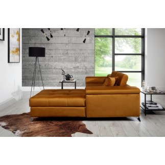 Canapé d'angle convertible en tissu velours luxe 5 places, RICHARD, couleur moutarde, angle droit