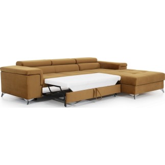 Canapé d'angle convertible en tissu velours luxe 5 places, RICHARD, couleur moutarde, angle droit