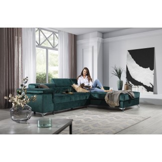 Canapé d'angle convertible en tissu velours luxe 5 places, RICHARD, vert, angle droit