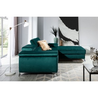 Canapé d'angle convertible en tissu velours luxe 5 places, RICHARD, vert, angle droit