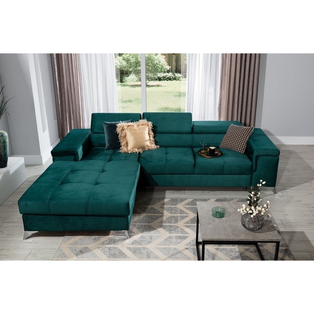 Canapé d'angle convertible en tissu velours luxe 5 places, RICHARD, couleur vert, angle gauche Canapé d'angle convertible en tissu velours luxe 5 places, RICHARD, couleur vert, angle gauche