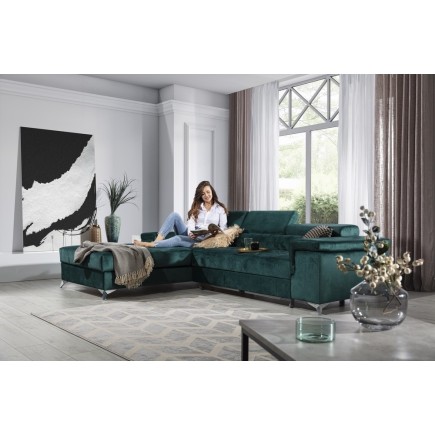 Canapé d'angle convertible en tissu velours luxe 5 places, RICHARD, couleur vert, angle gauche