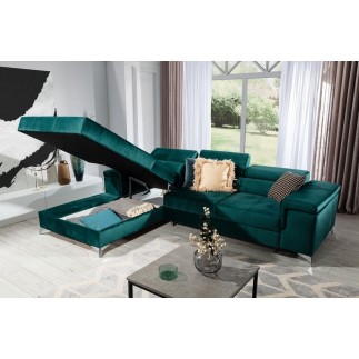 Canapé d'angle convertible en tissu velours luxe 5 places, RICHARD, couleur vert, angle gauche