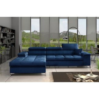 Canapé d'angle convertible en tissu velours luxe 5 places, RICHARD, bleu, angle gauche