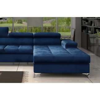 Canapé d'angle convertible en tissu velours luxe 5 places, RICHARD, bleu, angle droit