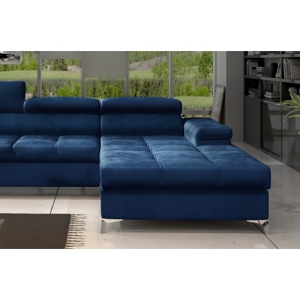 Canapé d'angle convertible en tissu velours luxe 5 places, RICHARD, bleu, angle droit