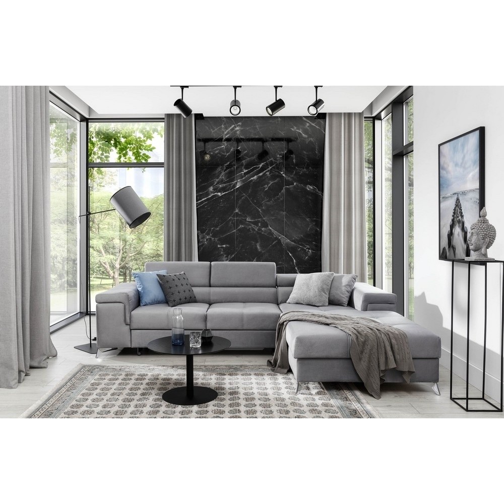 Canapé d'angle convertible en tissu velours luxe 5 places, RICHARD, gris, angle droit Canapé d'angle convertible en tissu velours luxe 5 places, RICHARD, gris, angle droit