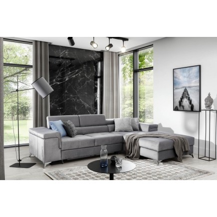 Canapé d'angle convertible en tissu velours luxe 5 places, RICHARD, gris, angle droit