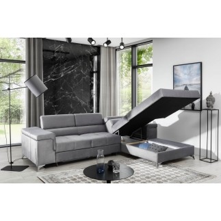 Canapé d'angle convertible en tissu velours luxe 5 places, RICHARD, gris, angle droit