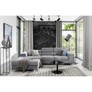 Canapé d'angle convertible en tissu velours luxe 5 places, RICHARD, gris, angle gauche
