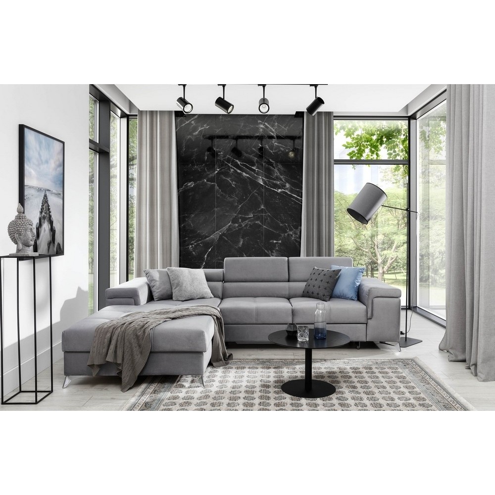 Canapé d'angle convertible en tissu velours luxe 5 places, RICHARD, gris, angle gauche Canapé d'angle convertible en tissu velours luxe 5 places, RICHARD, gris, angle gauche