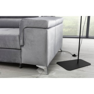 Canapé d'angle convertible en tissu velours luxe 5 places, RICHARD, gris, angle gauche
