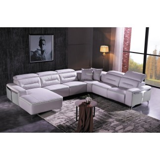 Canapé d'angle relax électrique en cuir buffle italien de luxe COMBIRELAX, blanc cassé et gris clair, angle droit