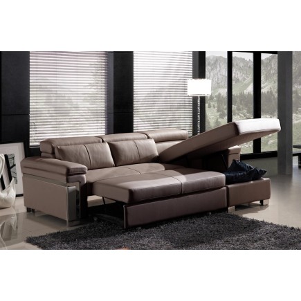 Canapé d'angle convertible cuir buffle italien 5 places, ALLURE, moka, angle droit