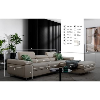 Canapé d'angle convertible ARMEL en tissu luxe 5 places, beige, avec coffre, angle droit (vu de face)