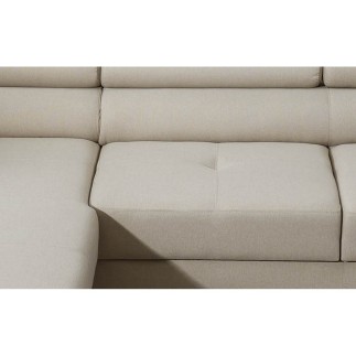 - Canapé d'angle convertible ARMEL en tissu luxe 5 places, beige, avec coffre, angle gauche (vu de face)