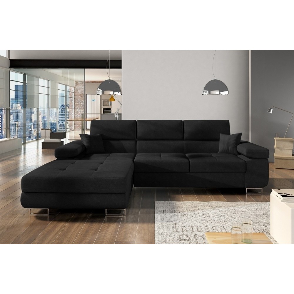 Canapé d'angle convertible ARMEL en tissu luxe 5 places, noir, avec coffre, angle gauche (vu de face) Canapé d'angle convertible ARMEL en tissu luxe 5 places, noir, avec coffre, angle gauche (vu de face)