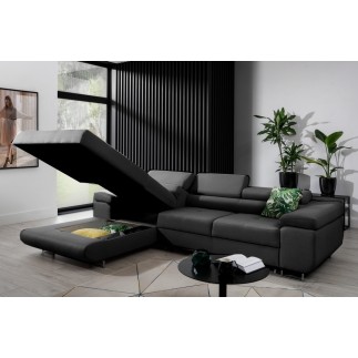 Canapé d'angle convertible ARMEL en tissu luxe 5 places, noir, avec coffre, angle gauche (vu de face)