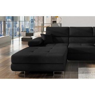Canapé d'angle convertible ARMEL en tissu luxe 5 places, noir, avec coffre, angle gauche (vu de face)