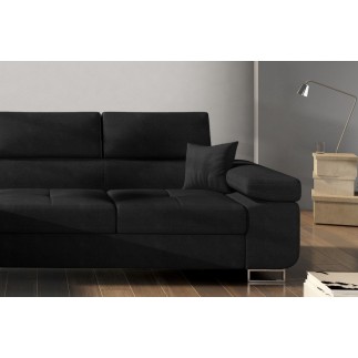 Canapé d'angle convertible ARMEL en tissu luxe 5 places, noir, avec coffre, angle gauche (vu de face)