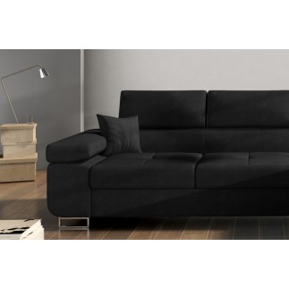 Canapé d'angle convertible ARMEL en tissu luxe 5 places, noir, avec coffre, angle droit (vu de face)