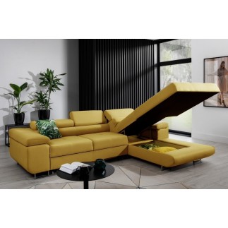 Canapé d'angle convertible ARMEL en tissu luxe 5 places, jaune moutarde, avec coffre, angle droit (vu de face)