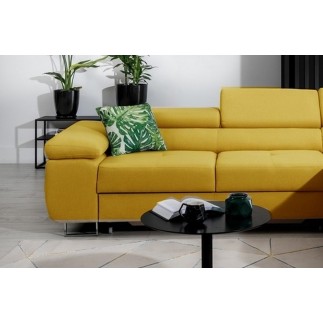 Canapé d'angle convertible ARMEL en tissu luxe 5 places, jaune moutarde, avec coffre, angle droit (vu de face)