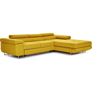 Canapé d'angle convertible ARMEL en tissu luxe 5 places, jaune moutarde, avec coffre, angle droit (vu de face)
