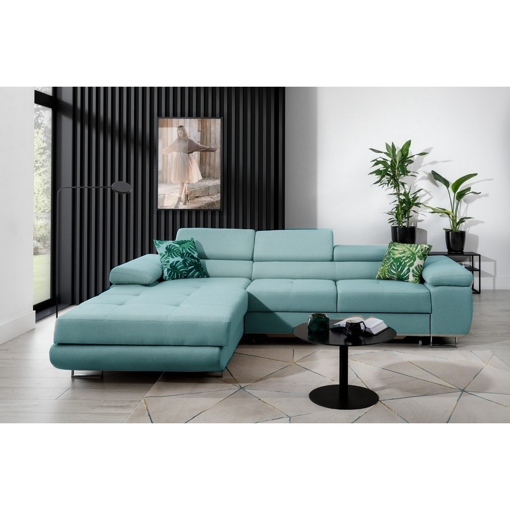 - Canapé d'angle convertible ARMEL en tissu luxe 5 places, turquoise, avec coffre, angle gauche (vu de face) - Canapé d'angle convertible ARMEL en tissu luxe 5 places, turquoise, avec coffre, angle gauche (vu de face)