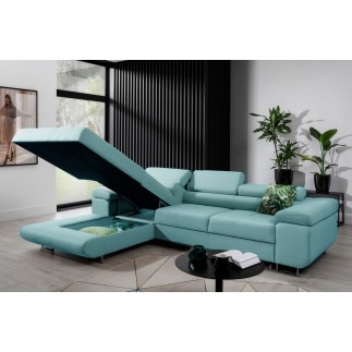 - Canapé d'angle convertible ARMEL en tissu luxe 5 places, turquoise, avec coffre, angle gauche (vu de face)