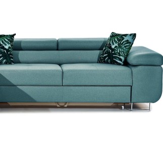 - Canapé d'angle convertible ARMEL en tissu luxe 5 places, turquoise, avec coffre, angle gauche (vu de face)