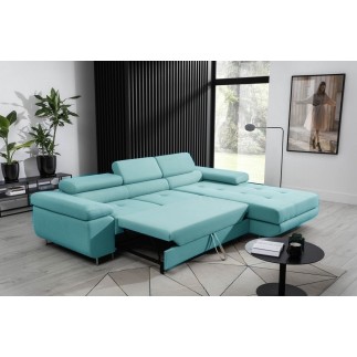 Canapé d'angle convertible ARMEL en tissu luxe 5 places, turquoise, avec coffre, angle droit (vu de face)