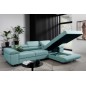Canapé d'angle convertible ARMEL en tissu luxe 5 places, turquoise, avec coffre, angle droit (vu de face)
