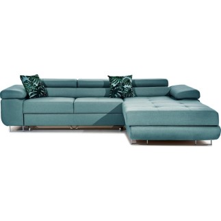Canapé d'angle convertible ARMEL en tissu luxe 5 places, turquoise, avec coffre, angle droit (vu de face)