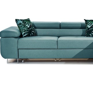 Canapé d'angle convertible ARMEL en tissu luxe 5 places, turquoise, avec coffre, angle droit (vu de face)