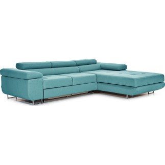 Canapé d'angle convertible ARMEL en tissu luxe 5 places, turquoise, avec coffre, angle droit (vu de face)