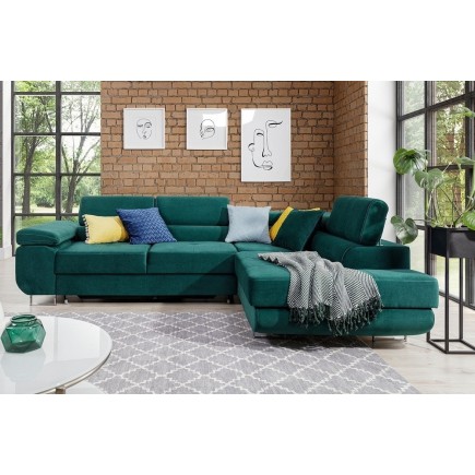Canapé d'angle convertible en tissu luxe 5 places, avec coffre, vert, angle droit (vu de face), ANNECY KRONO
