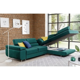 Canapé d'angle convertible en tissu luxe 5 places, avec coffre, vert, angle droit (vu de face), ANNECY KRONO