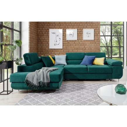 - Canapé d'angle convertible en tissu luxe 5 places, avec coffre, vert, angle gauche (vu de face), ANNECY KRONO