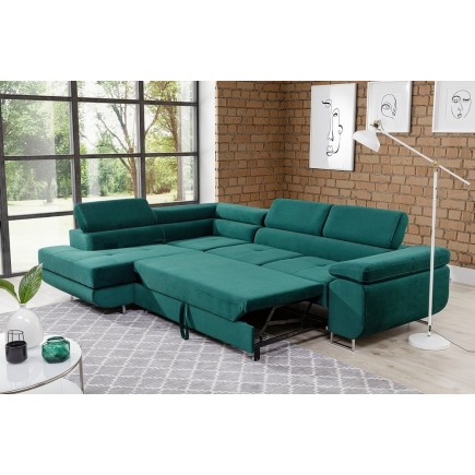 - Canapé d'angle convertible en tissu luxe 5 places, avec coffre, vert, angle gauche (vu de face), ANNECY KRONO