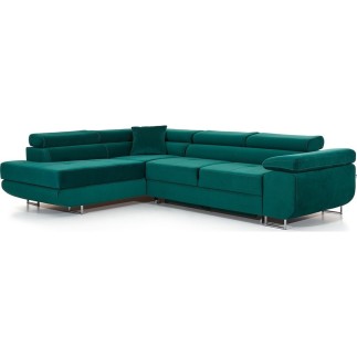 - Canapé d'angle convertible en tissu luxe 5 places, avec coffre, vert, angle gauche (vu de face), ANNECY KRONO