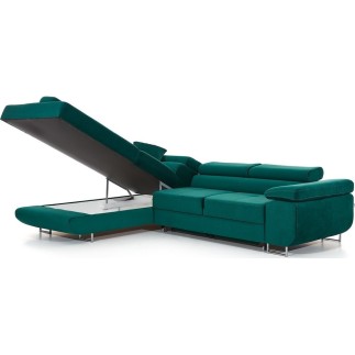 - Canapé d'angle convertible en tissu luxe 5 places, avec coffre, vert, angle gauche (vu de face), ANNECY KRONO