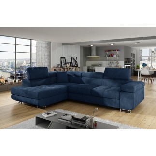 - Canapé d'angle convertible en tissu luxe 5 places, avec coffre, bleu foncé, angle gauche (vu de face), ANNECY KRONO