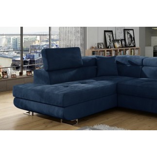 - Canapé d'angle convertible en tissu luxe 5 places, avec coffre, bleu foncé, angle gauche (vu de face), ANNECY KRONO
