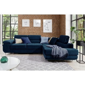 Canapé d'angle convertible en tissu luxe 5 places, avec coffre, bleu foncé, angle droit (vu de face), ANNECY KRONO