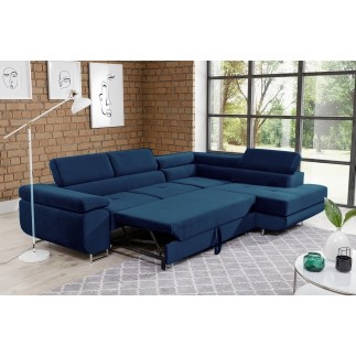 Canapé d'angle convertible en tissu luxe 5 places, avec coffre, bleu foncé, angle droit (vu de face), ANNECY KRONO
