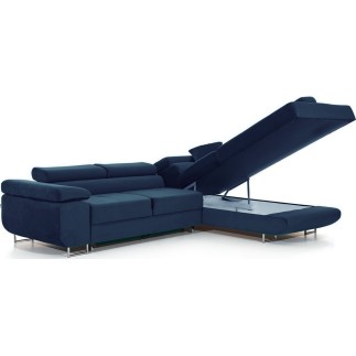 Canapé d'angle convertible en tissu luxe 5 places, avec coffre, bleu foncé, angle droit (vu de face), ANNECY KRONO