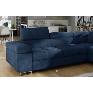Canapé d'angle convertible en tissu luxe 5 places, avec coffre, bleu foncé, angle droit (vu de face), ANNECY KRONO