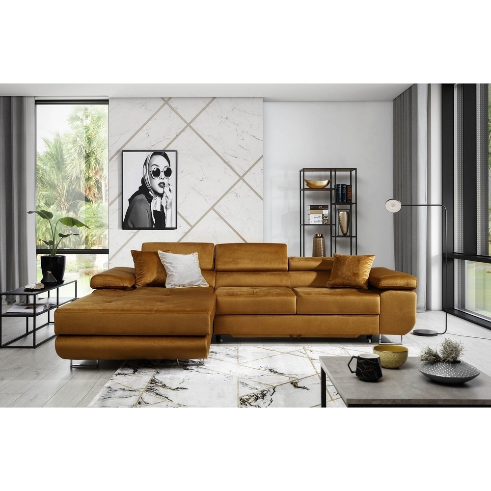 - Canapé d'angle convertible ARMEL en tissu velours luxe 5 places, couleur cuivre, avec coffre, angle gauche (vu de face) - Canapé d'angle convertible ARMEL en tissu velours luxe 5 places, couleur cuivre, avec coffre, angle gauche (vu de face)